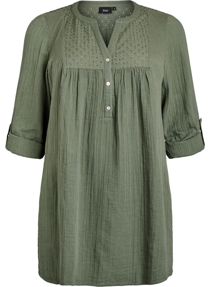 Bomulds muslin-tunika med broderie anglaise, Gr&oslash;nn, Packshot image number 0