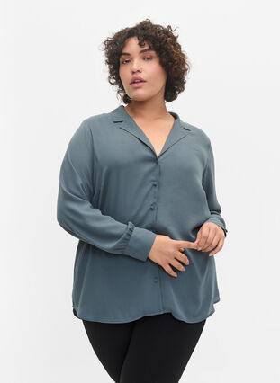 Skjorte med knappelukking og V-hals, Balsam Green, Model image number 0