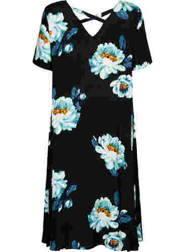 Blomstrete kjole med korte ermer i viskose, Black Big Flower, Packshot image number 1