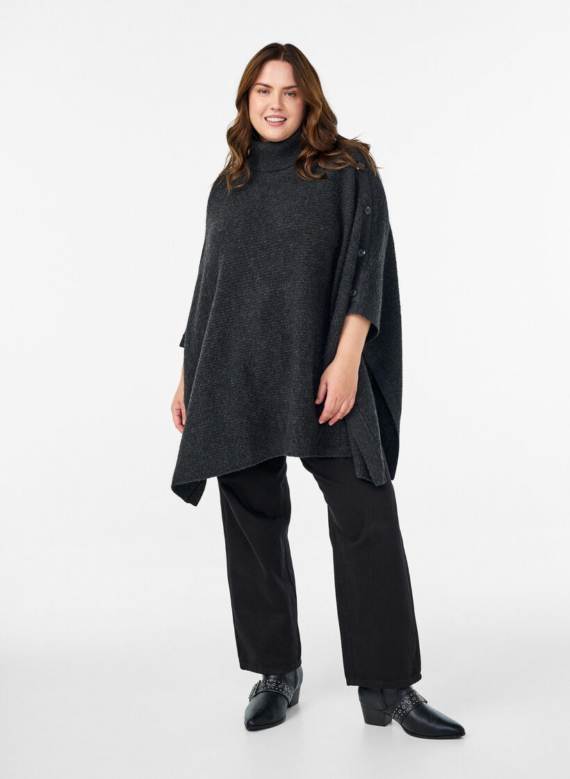 Poncho med høy hals og knappdetaljer, Grå, Model image number 1