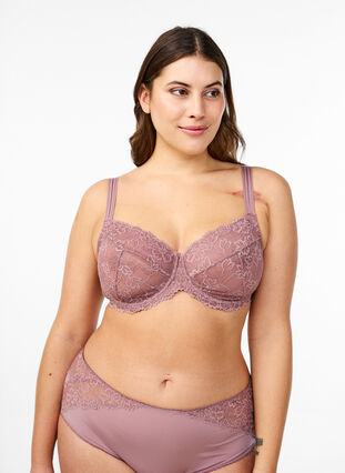 Zizzi Heldekkende BH i mesh med blonder, Rosa, Model image number 0