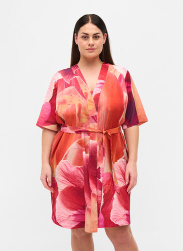 Mønstrete morgenkåpe med korte ermer, Orange Pink AOP, Model image number 0