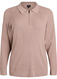 Ribbestrikket genser med polokrage og glidelås, Beige Ribbestrikket genser med polokrage og glidelås