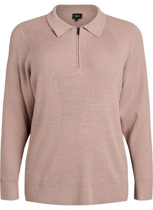 Zizzi Ribbestrikket genser med polokrage og glidelås, Beige, Packshot image number 0