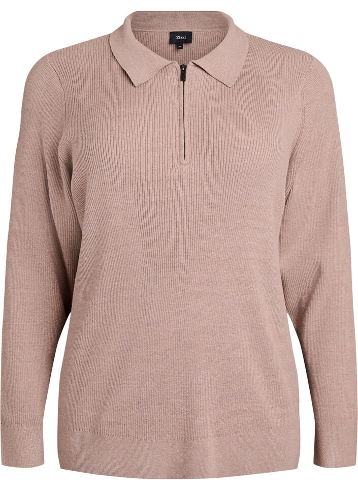 Ribbestrikket genser med polokrage og glidelås, Beige, Packshot image number 0