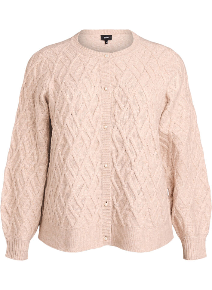 Kabelstrikket cardigan med perleknapper, Beige, Packshot image number 0