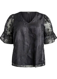 Festbluse med organza-utseende og et tone-på-tone-mønster, Svart