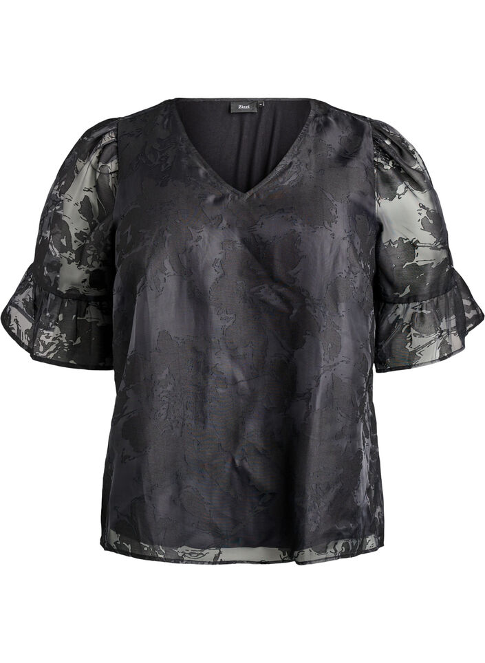 Festbluse med organza-utseende og et tone-på-tone-mønster, Svart, Packshot image number 0