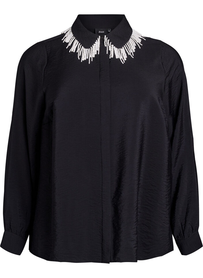 Viskose tunika med perlebrodert krage, Black, Packshot