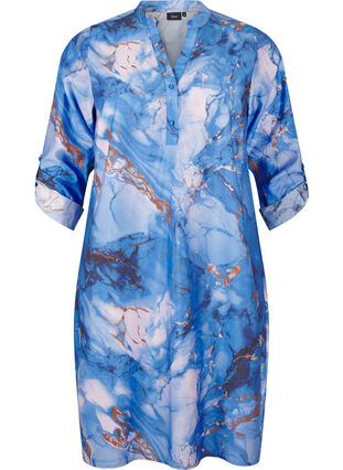 Zizzi Skjortekjole i viskose med marmortrykk, Palace Blue AOP, Packshot image number 0
