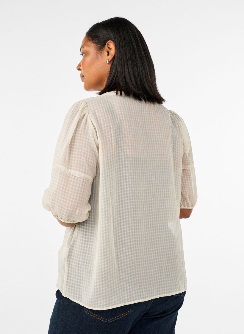 Bluse i seersucker med knytesnor, Beige, Model image number 2