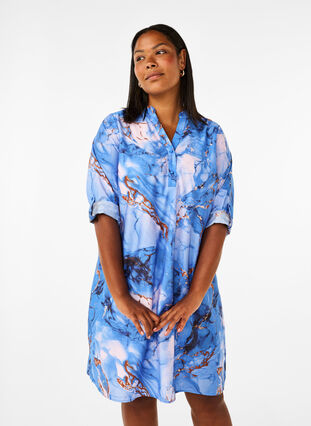 Zizzi Skjortekjole i viskose med marmortrykk, Palace Blue AOP, Model image number 0