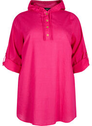 Tunika med hette i bomull og lin, Bright Rose