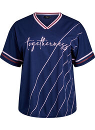 Sporty t-skjorte med striper og tekstmotiv, Navy Blazer