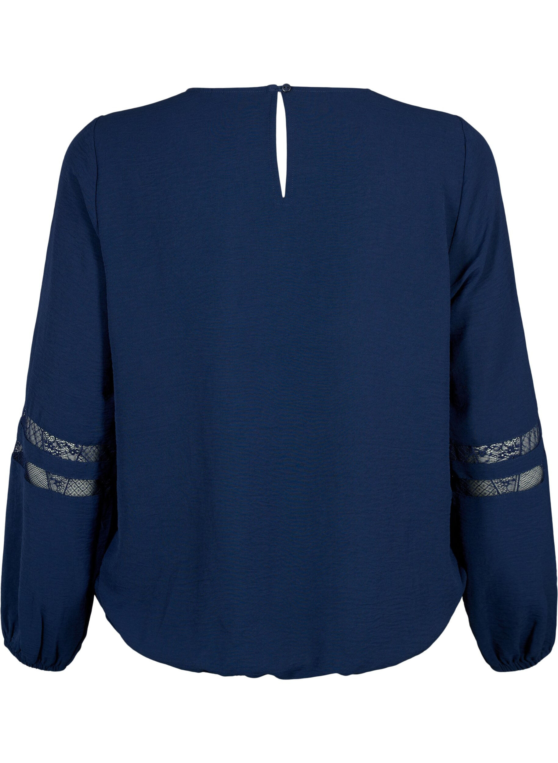 Zizzi Bluse med lange ermer og blonder, Navy Blazer, Packshot image number 1