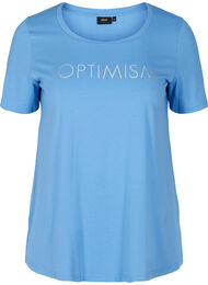 Kortermet T-skjorte i bomull med mønster, Ultramarine OPTIMISM