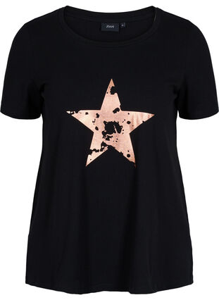 Kortermet T-skjorte i bomull med mønster, Black w. star copper, Packshot image number 0