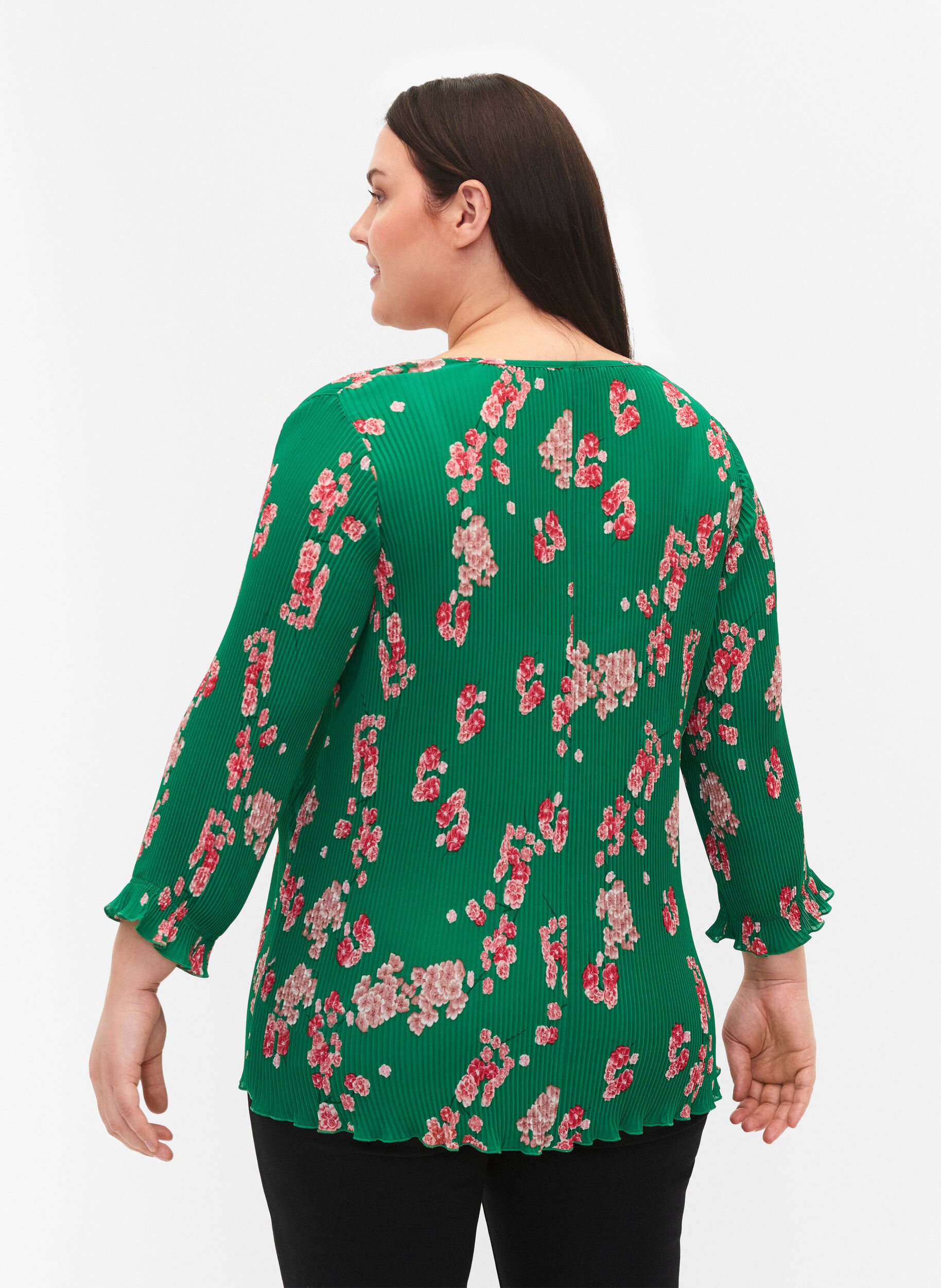 Zizzi Bluse med pliss&eacute; og 3/4-ermer, Jolly Green Flower, Model image number 1