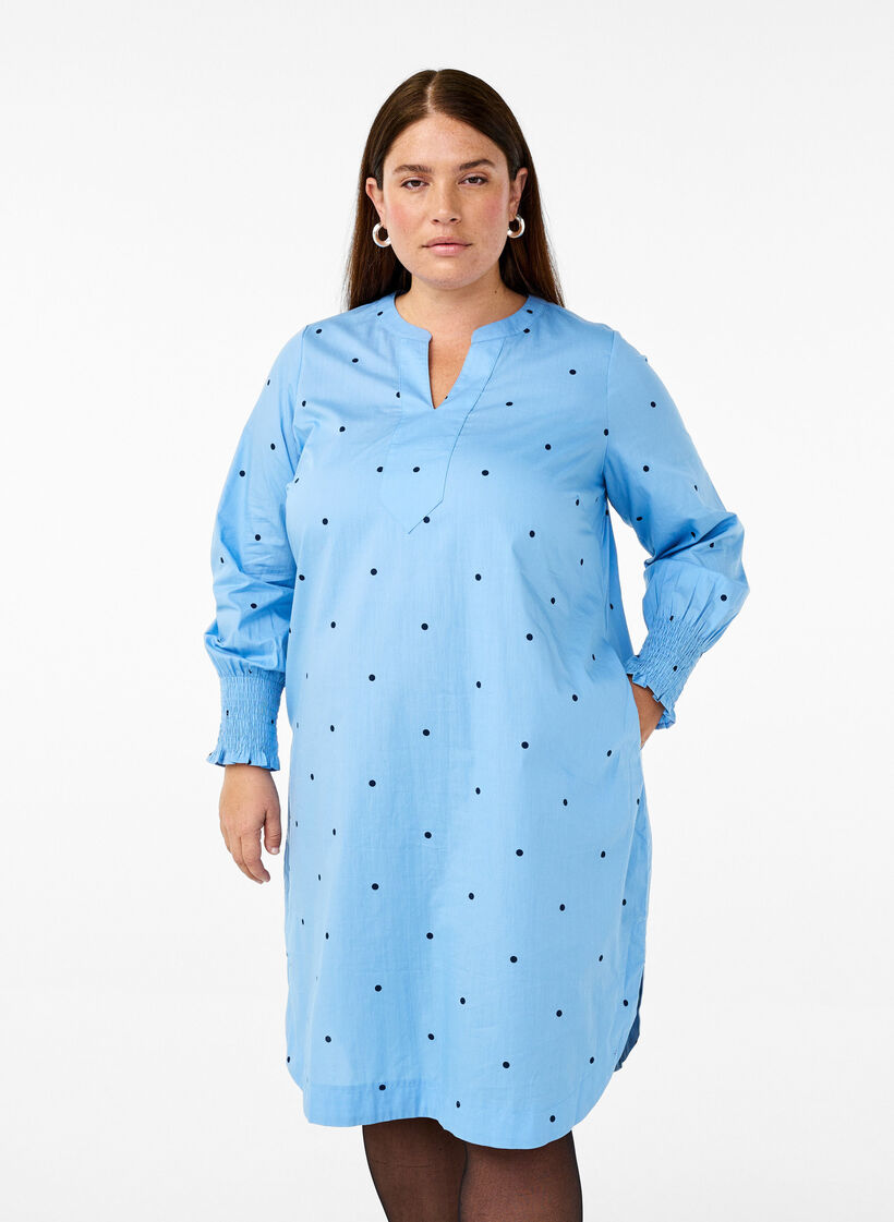 Kjole med prikker og lange ermer, Blå, Model image number 0