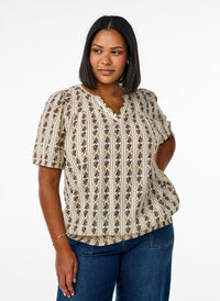 Trykt bluse med smocket fold, Egret AOP Trykt bluse med smocket fold, Egret AOP, Model