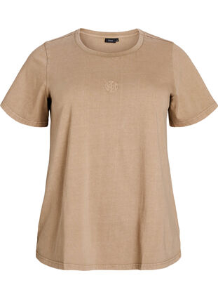 Zizzi T-skjorte i organisk bomull med et vasket utseende, Beige, Packshot image number 0