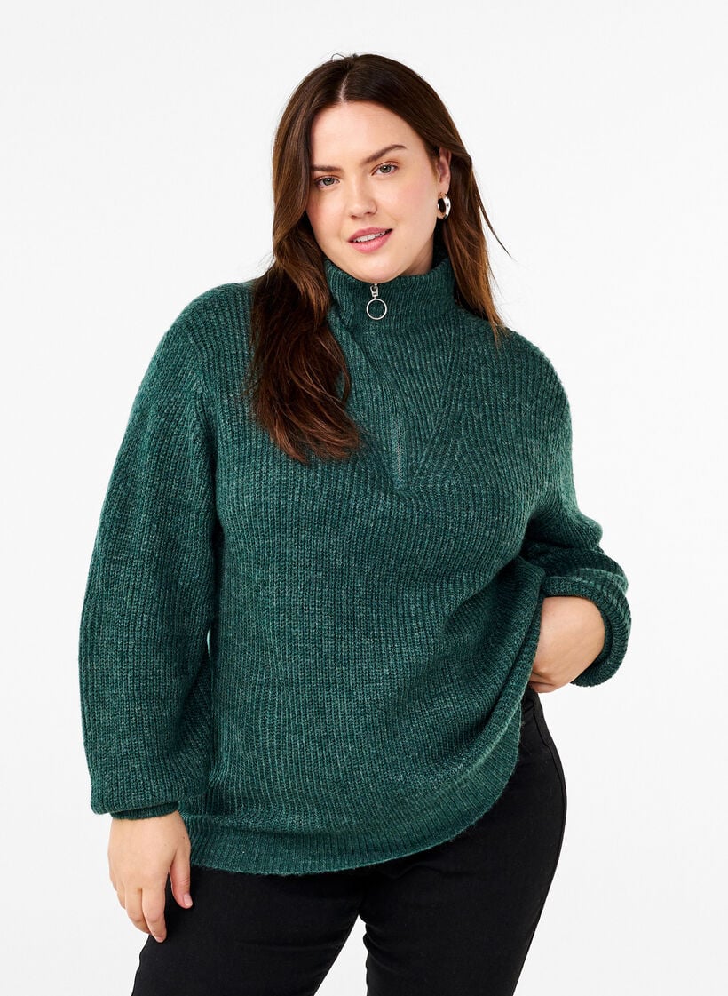 FLASH - strikket genser med høy hals og glidelås, Grønn, Model image number 0