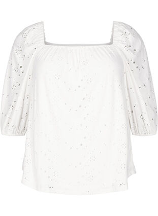 Zizzi Bluse med korte puffede ermer og hullmønster, Bright White, Packshot image number 0