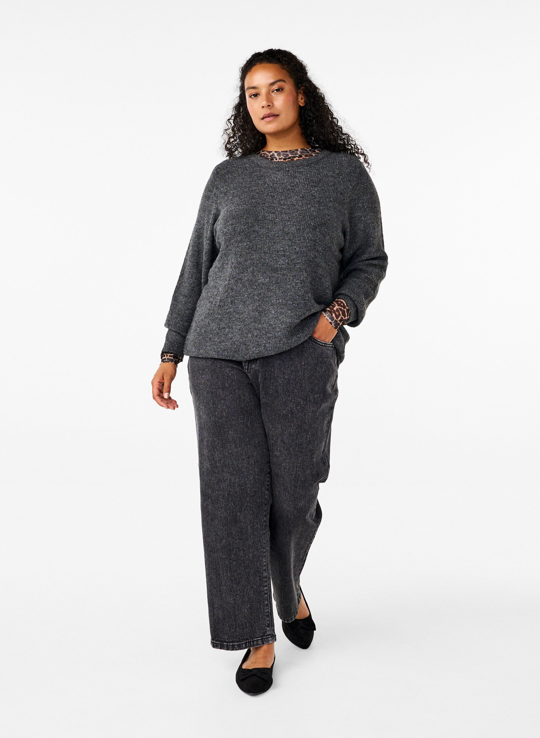 Zizzi Melert genser med rund hals, Dark Grey Black Mel., Model image number 2