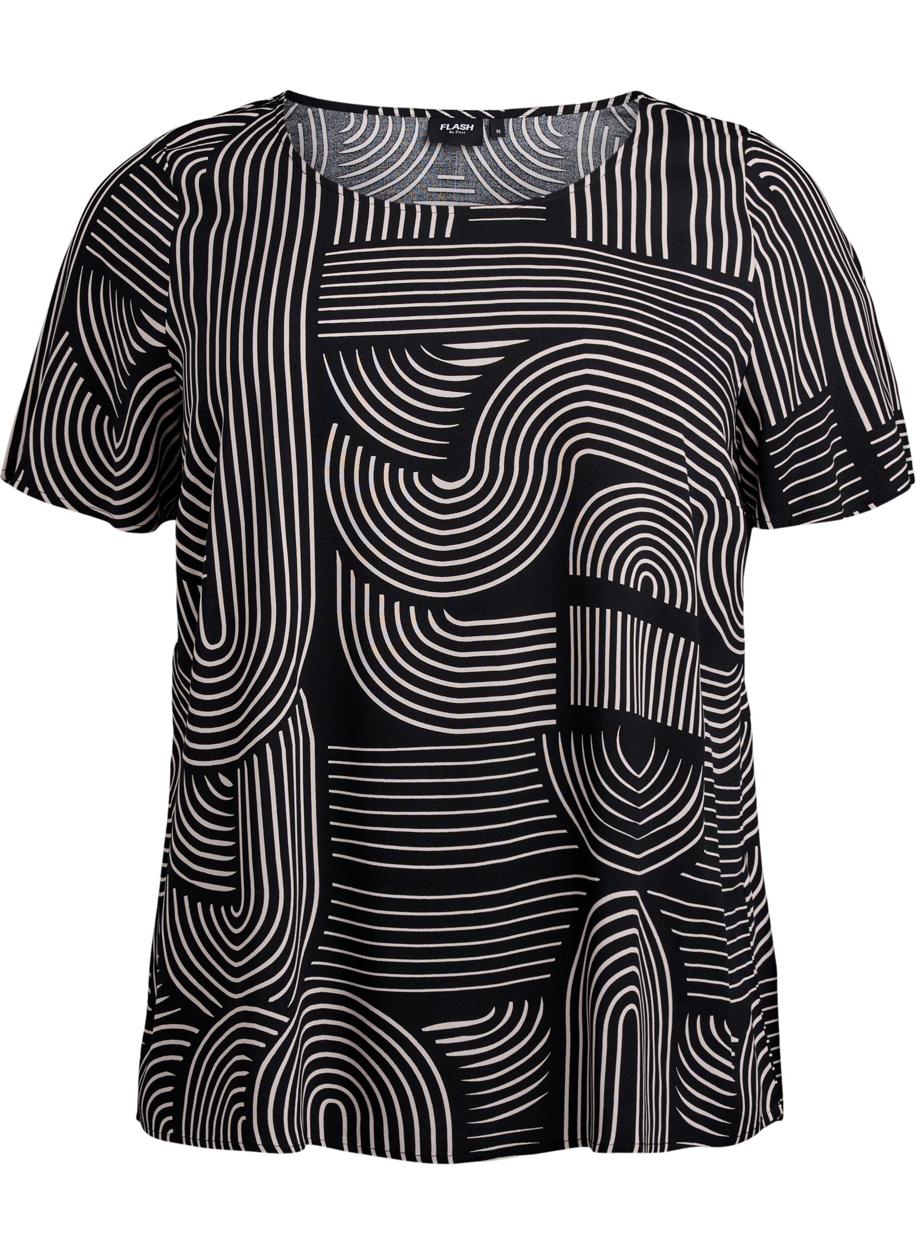 Zizzi FLASH - Kortermet bluse i viskose med trykk, Svart, Packshot image number 0