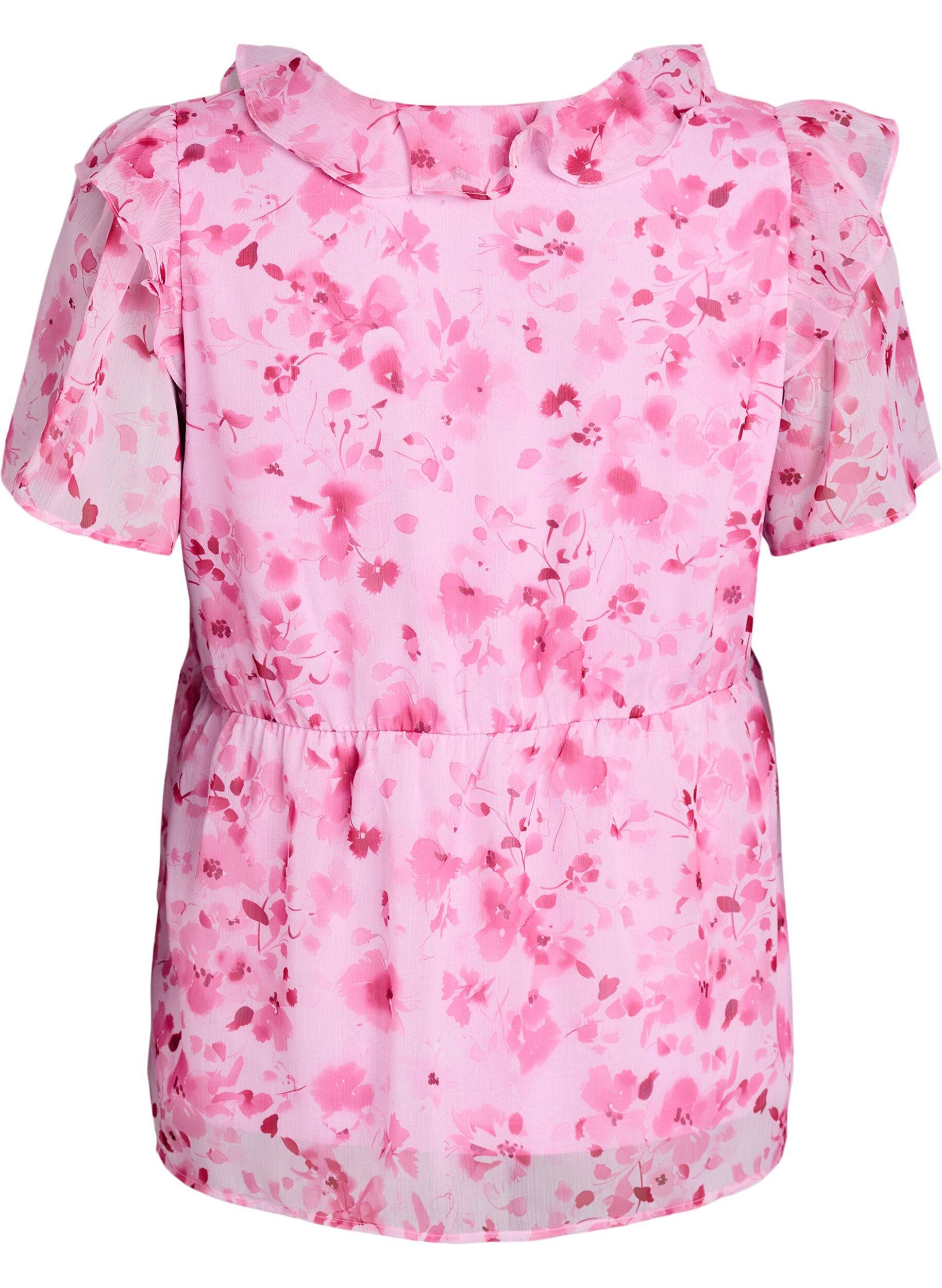 ZizziBlomstret bluse med volangkrage og peplumeffekt, Rosa, Packshot image number 1