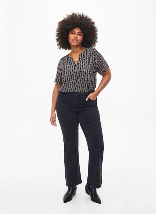 Zizzi Bluse med korte ermer og V-hals, Black S.Graphic AOP, Model image number 1