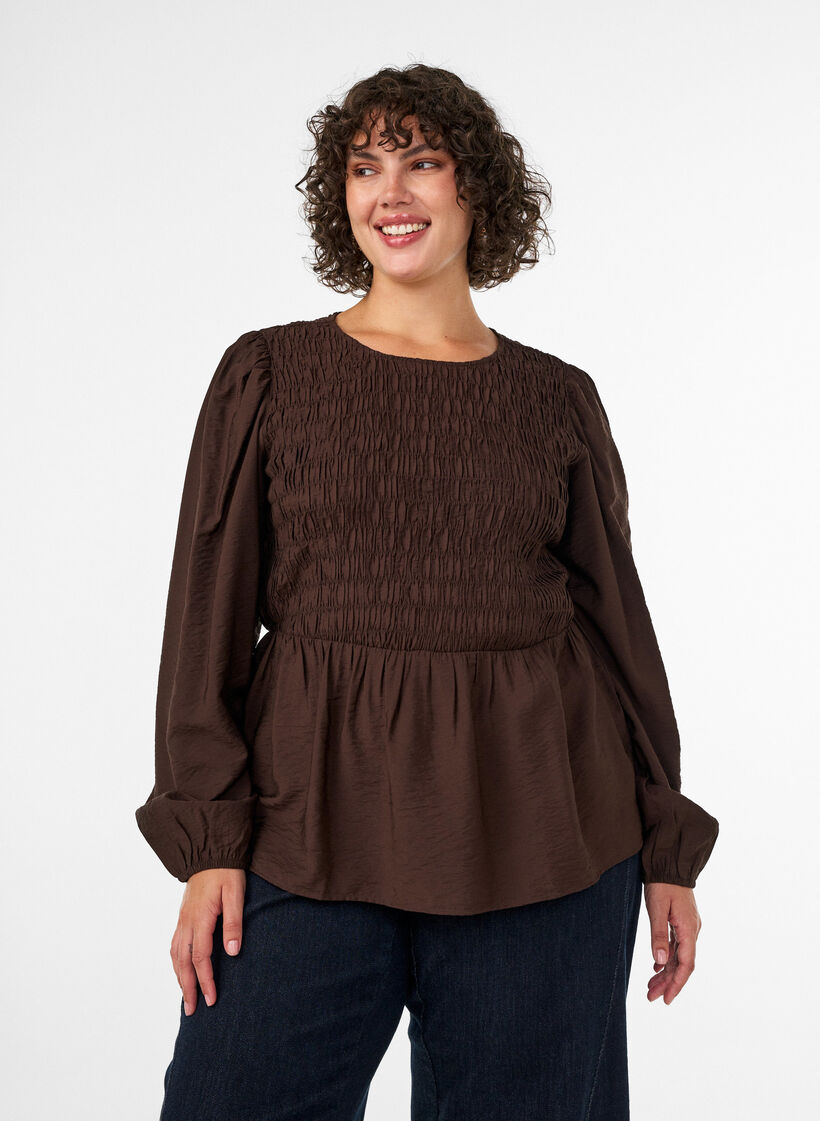 Bluse med smock og lange ermer, Brun, Model image number 0