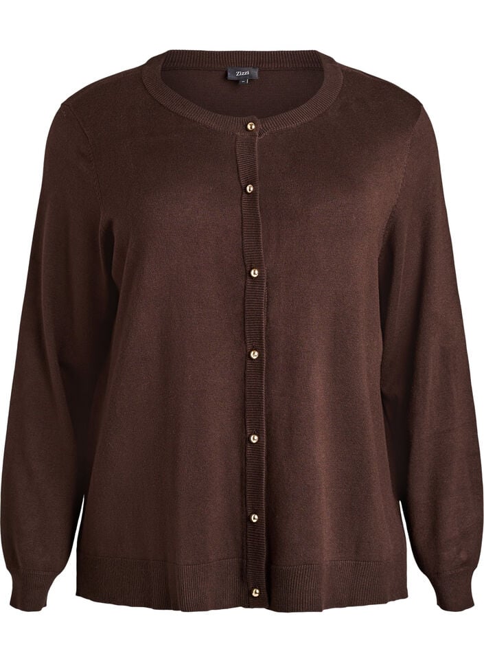 Finstrikket cardigan med kuleknapper, Brun, Packshot image number 0