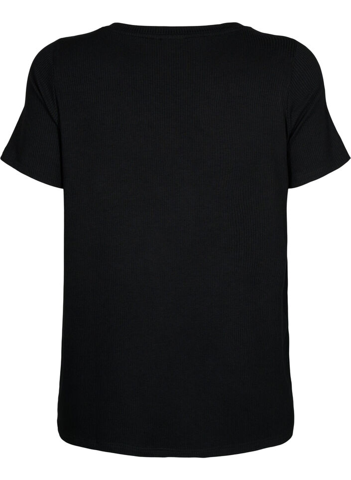T-skjorte i viskose med ribb og V-hals, Black, Packshot image number 1