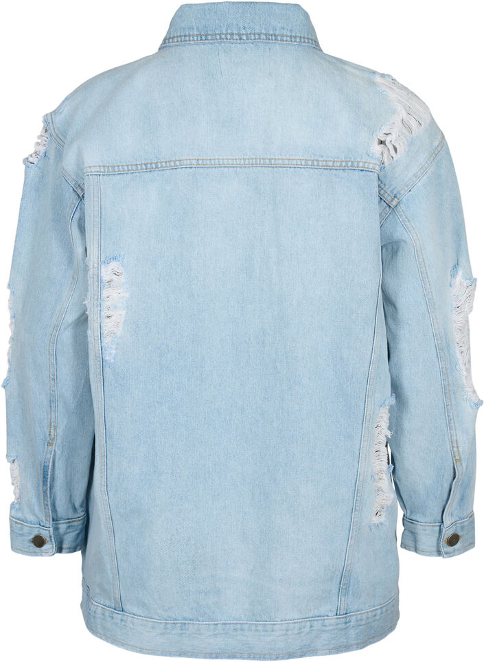 Løs denimjakke med slitte detaljer, Light blue denim, Packshot image number 1