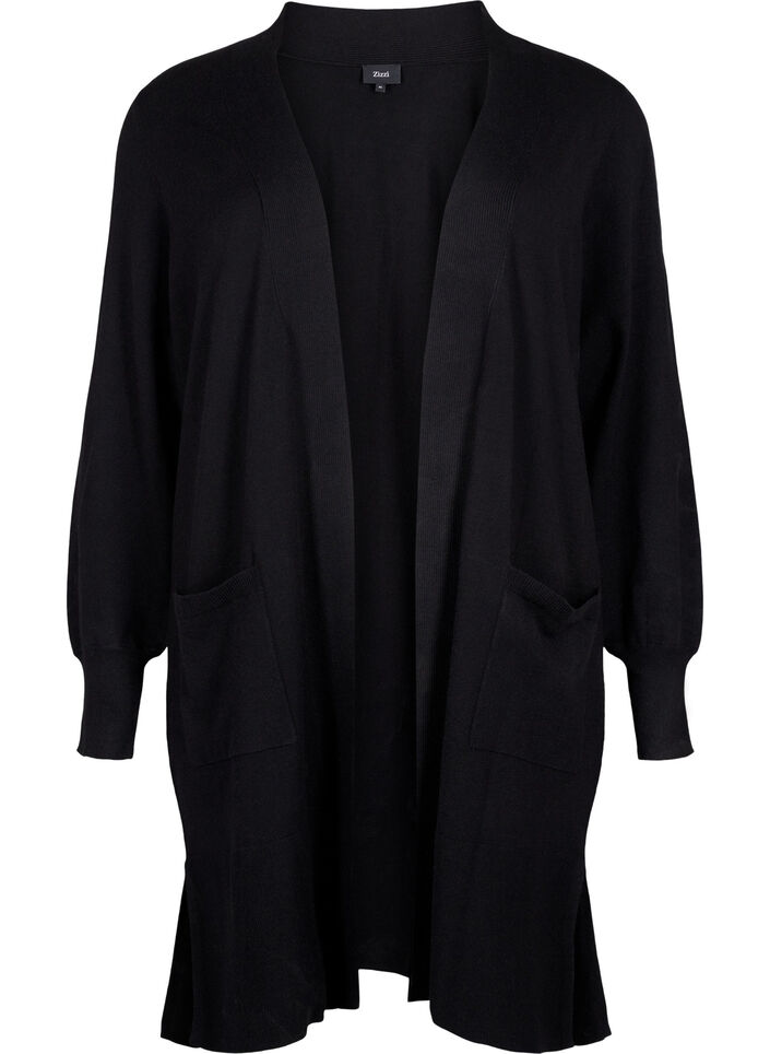 Lang strikket cardigan med lommer, Black, Packshot image number 0