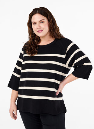 Zizzi Strikket bluse med striper og 3/4 ermer, Black Birch Stripes, Model image number 0