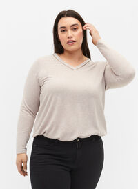 Bluse med V-hals og lange ermer, Natural Mel., Model