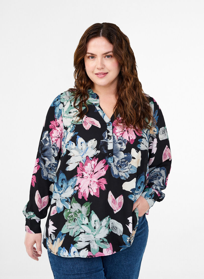 Langermet bluse med blomstertrykk, Rose Flower AOP, Model image number 0