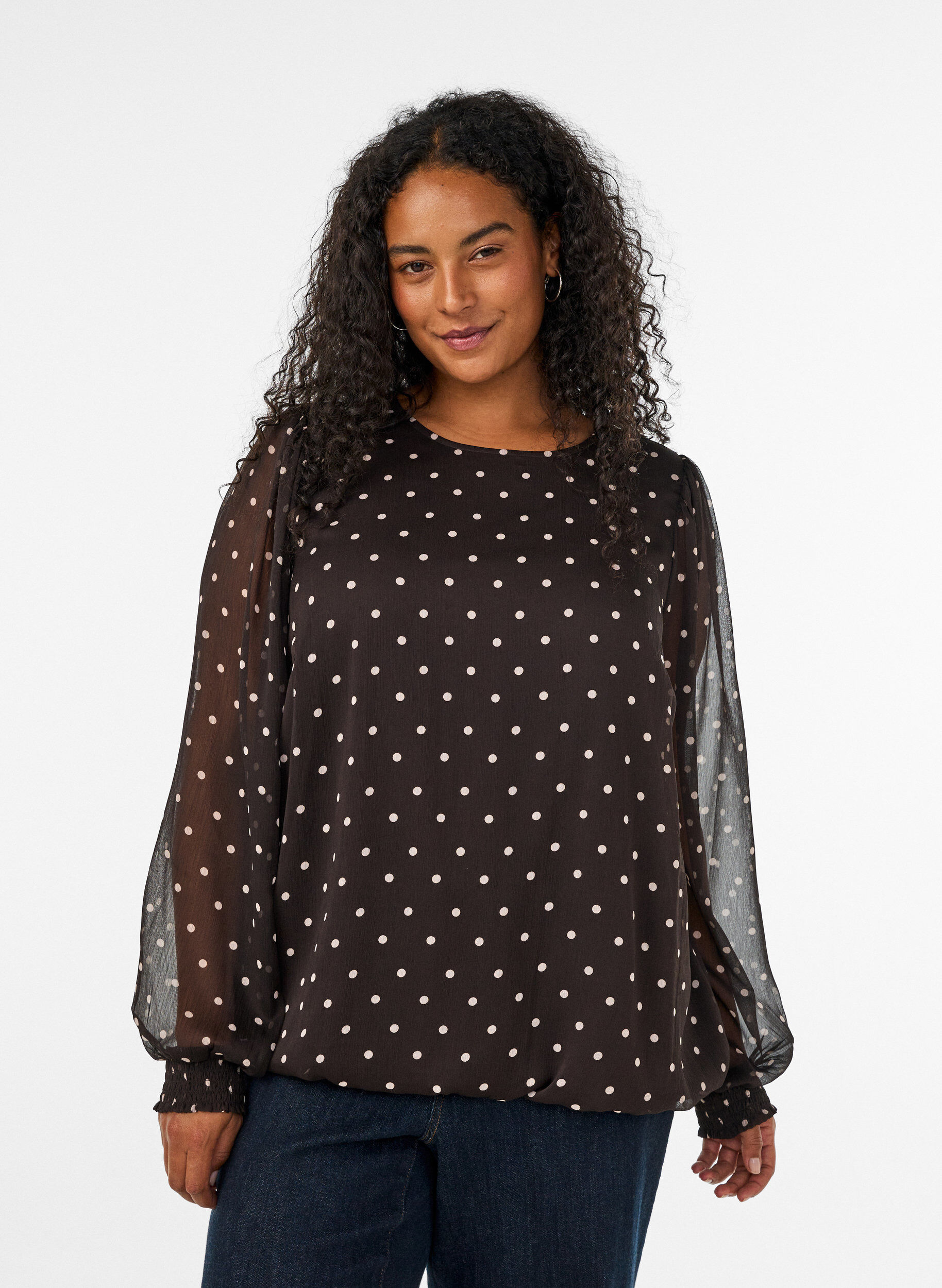 ZizziPrikket chiffonbluse med gjennomsiktige ermer, Brun, Model image number 0