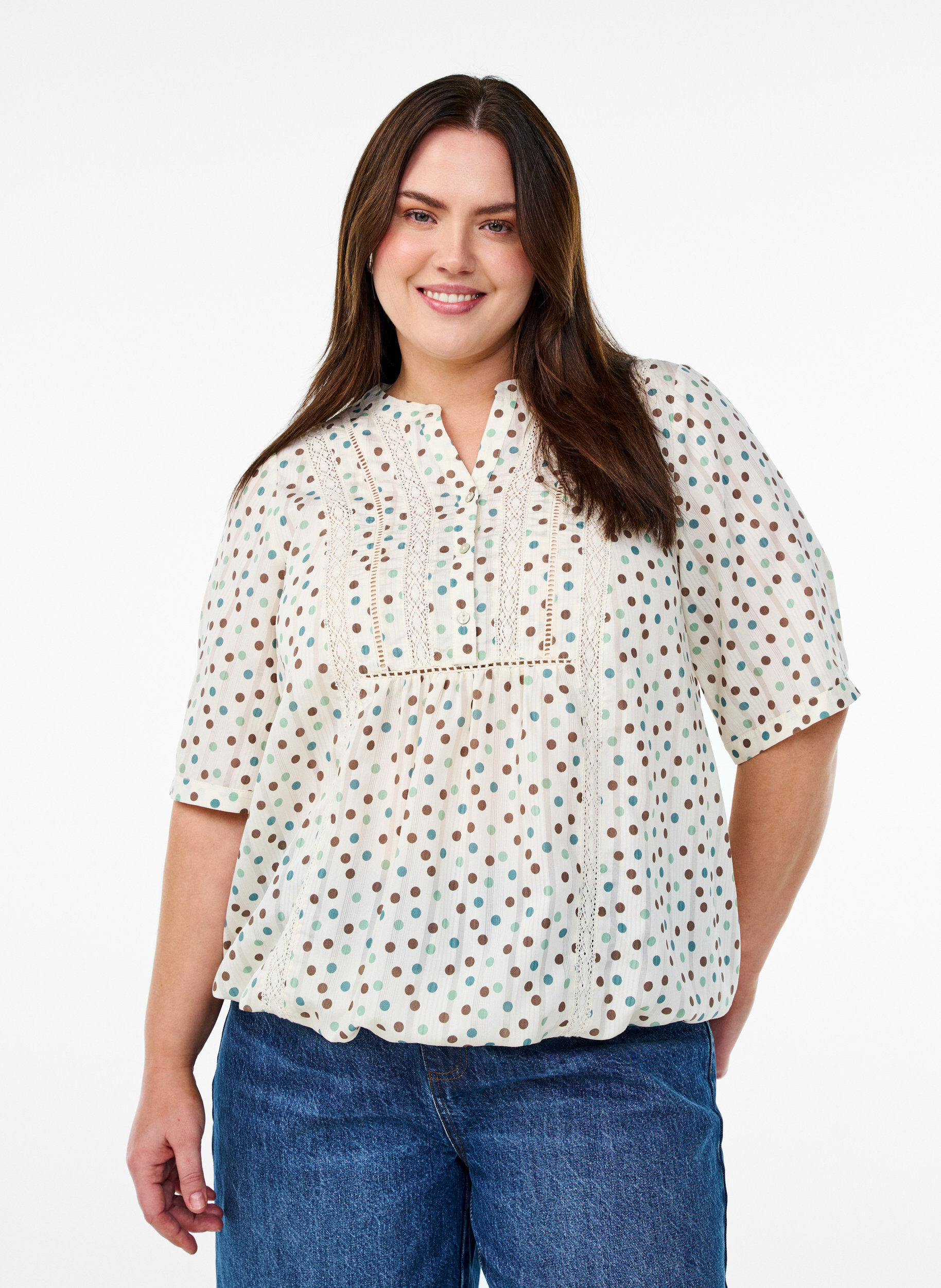 ZizziBluse med trykk og 1/2 ermer, Hvit, Model image number 0