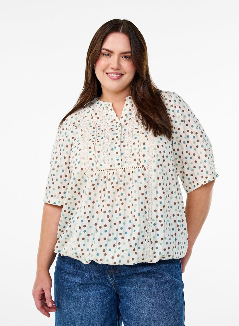 Bluse med trykk og 1/2 ermer, Hvit, Model image number 0