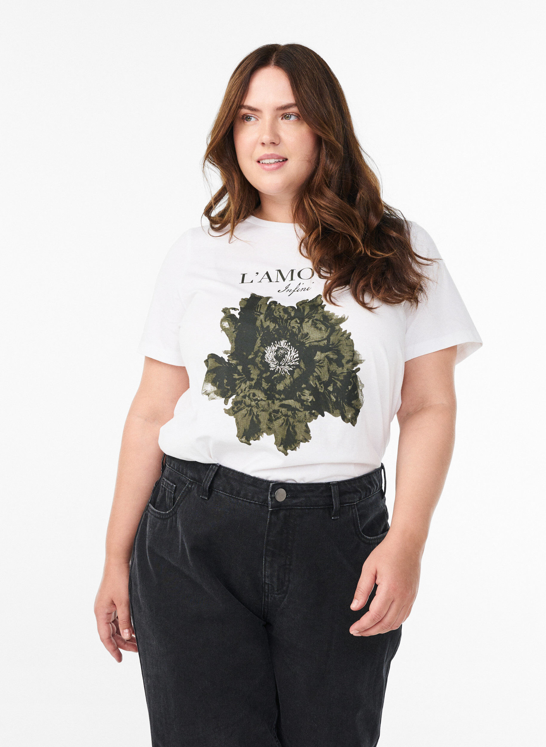 Bomulls-t-skjorte med trykk foran, Hvit, Model