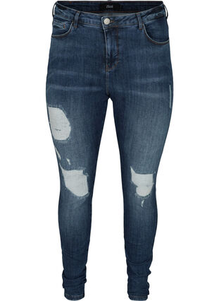 Amy jeans med høyt liv og slitte detaljer, Blue denim, Packshot image number 0