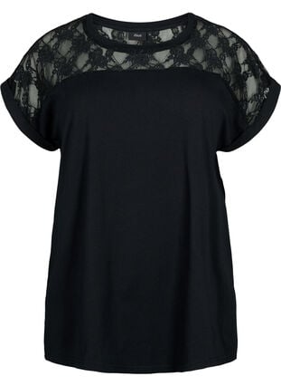 Kortermet t-skjorte i bomull med blonder, Black, Packshot image number 0