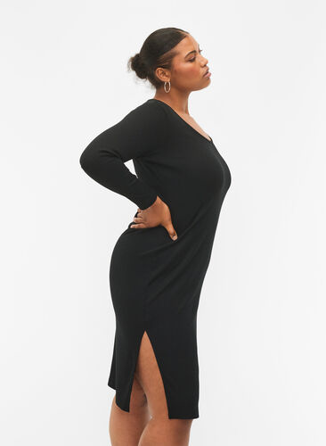 Kroppsnær kjole med splitt og lange ermer, Black, Model image number 2