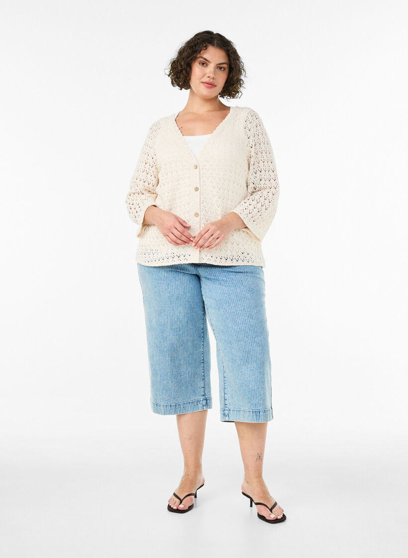 Strikket cardigan med hullbroderi og V-hals, Beige, Model image number 1