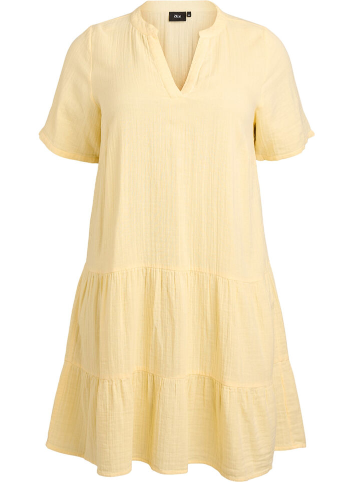 Kort A-linjekjole i bomullsmuslin, Gul, Packshot image number 0