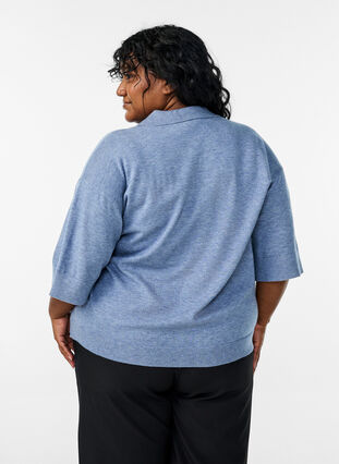 Zizzi Strikket bluse med krage og korte ermer, Blå, Model image number 2