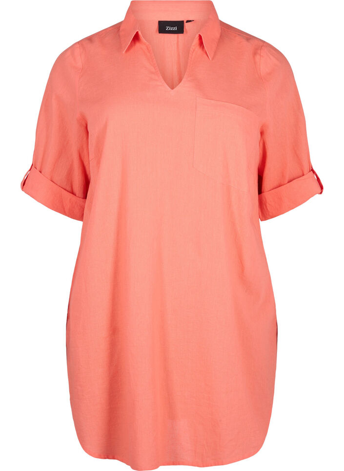 Kortermet tunika i bomullsblanding med lin, Living Coral, Packshot image number 0